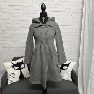 Y2K Zara heather grey double breasted hooded babydoll coat 100% wool Size Small